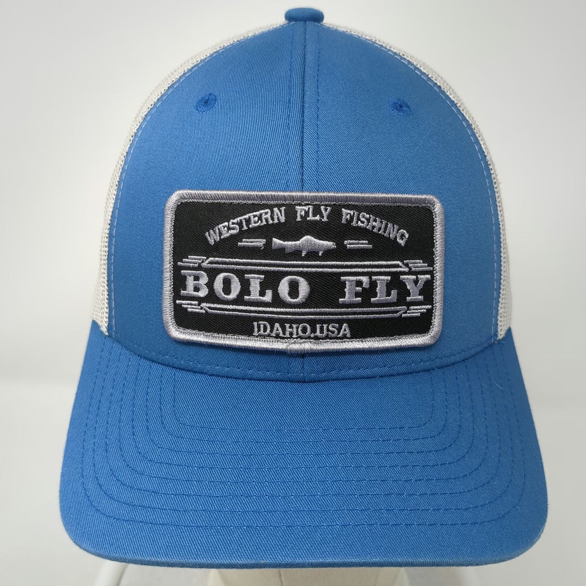 Yupoong Trucker Hat Blue One Size Snapback Mesh Back Bolo Fly Fishing Idaho