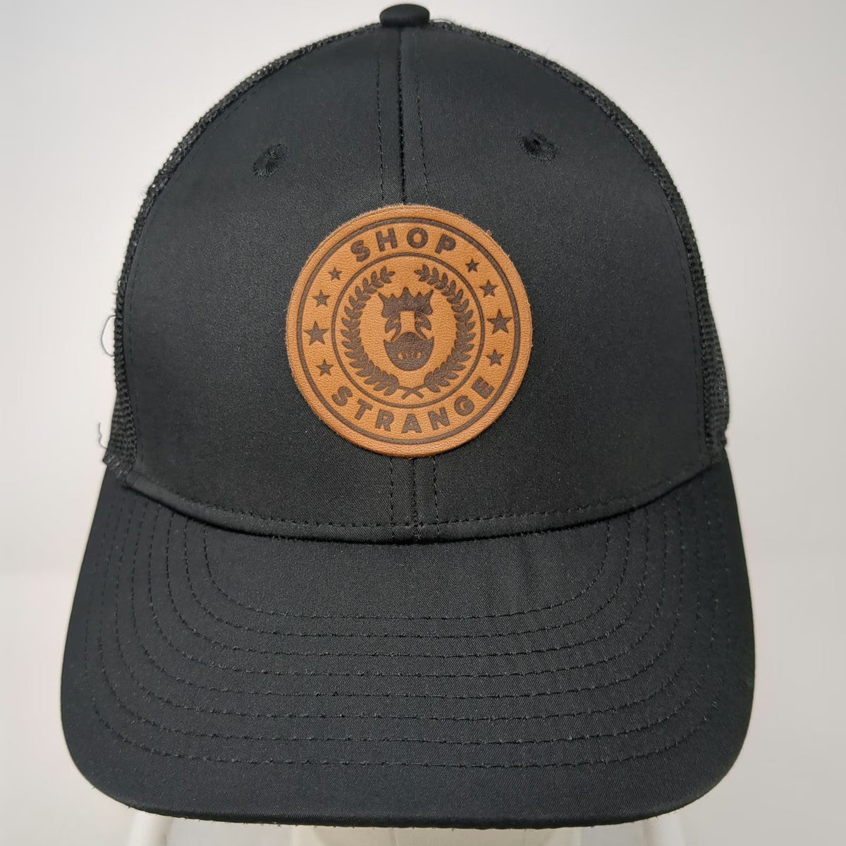 Shop Strange Trucker Hat Black One Size Leather Patch Monkey Logo Snapback