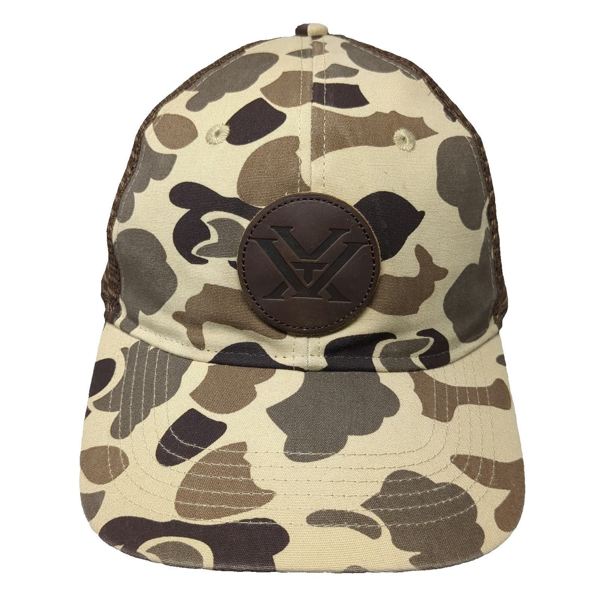 Vortex Trucker Hat Beige Brown Camo One Size Snapback Mesh Logo Patch Hunting