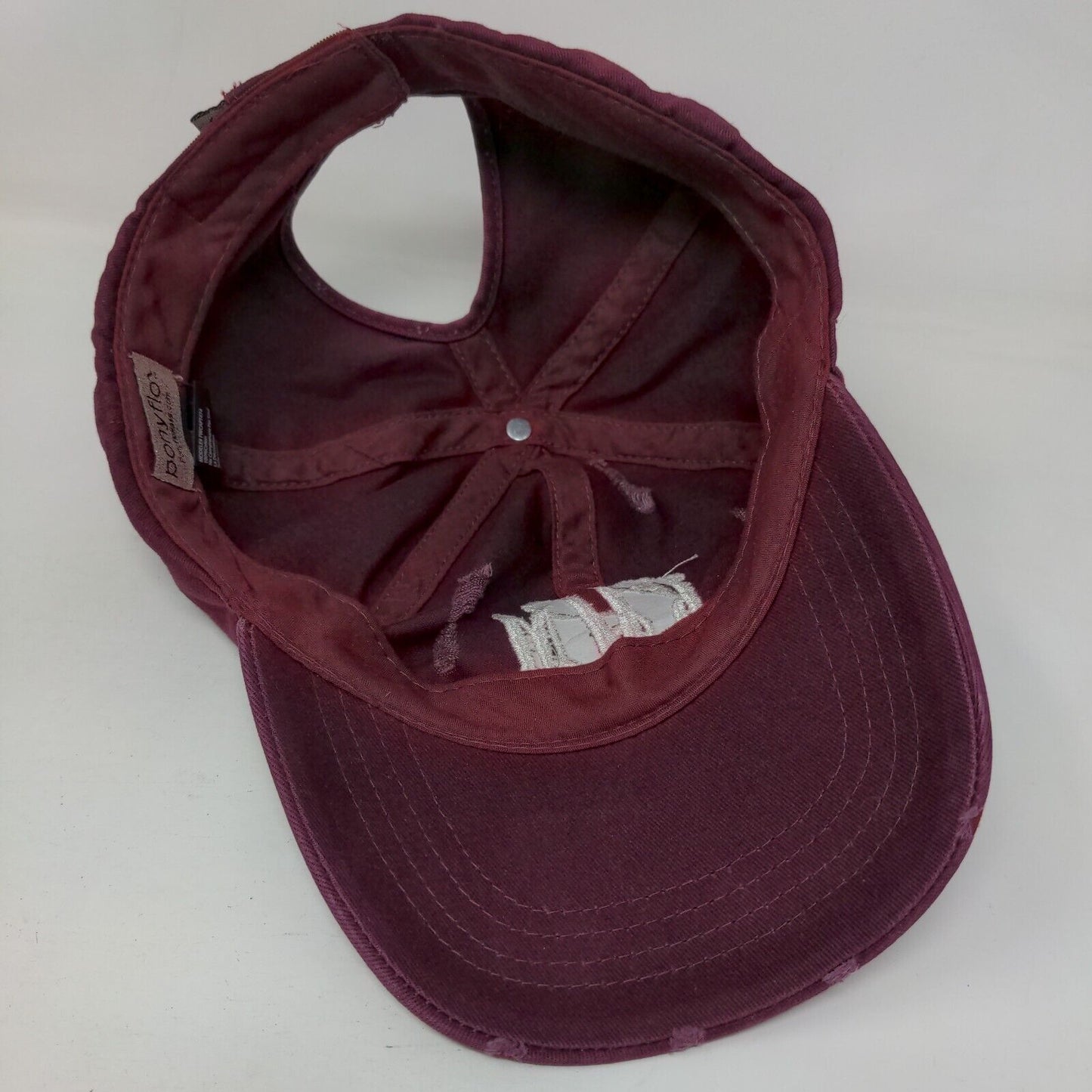 Ponyflo Strapback Hat Ponytail Red Burgundy OSFM Embroidered Distressed