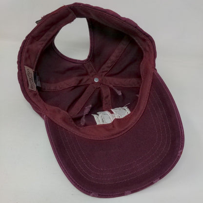 Ponyflo Strapback Hat Ponytail Red Burgundy OSFM Embroidered Distressed