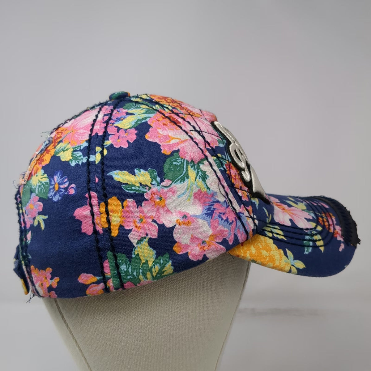 Robin Ruth 5 Panel Blue One Size Hat Alaska Floral Quilted Frayed Strapback