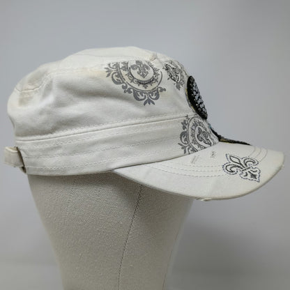 Army Cap Beige One Size Rhinestone Fleur-de-lis Distressed Hat Damask