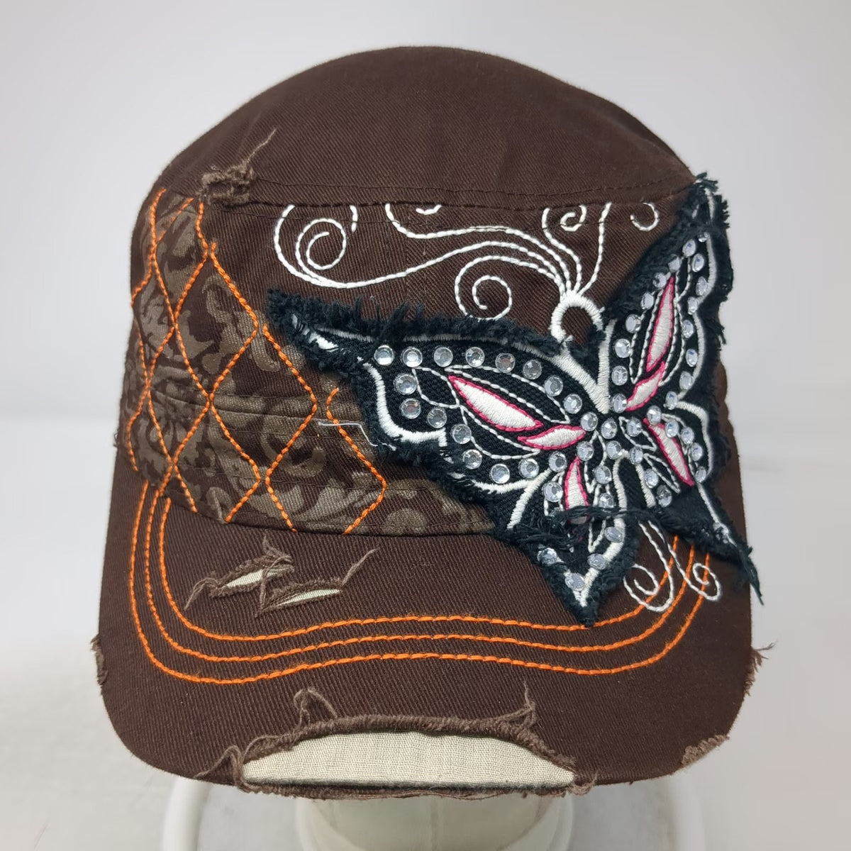 Leader Army Cap Brown One Size Butterfly Rhinestone Distressed Stitch Hat