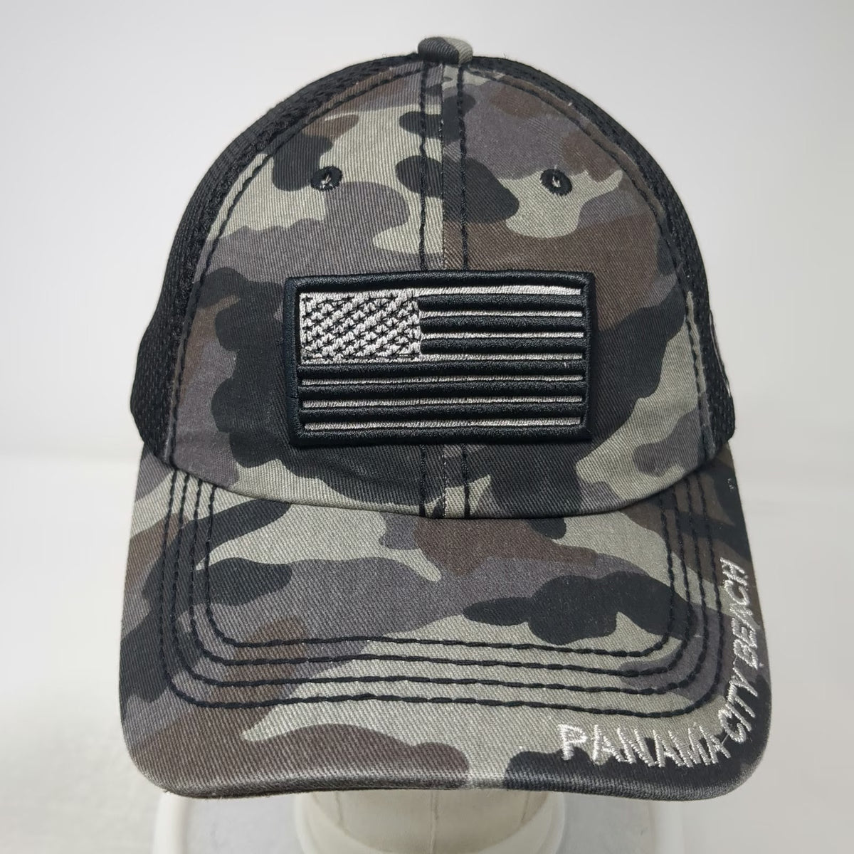 Arrell's Baseball Cap Gray Black One Size Mesh Camo Flag Panama City Beach hat