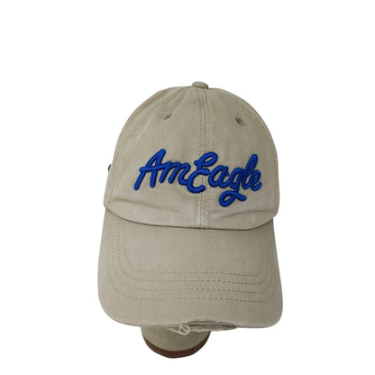 American Eagle AmEagle Slideback Hat One Size Tan Blue Embroidered Text