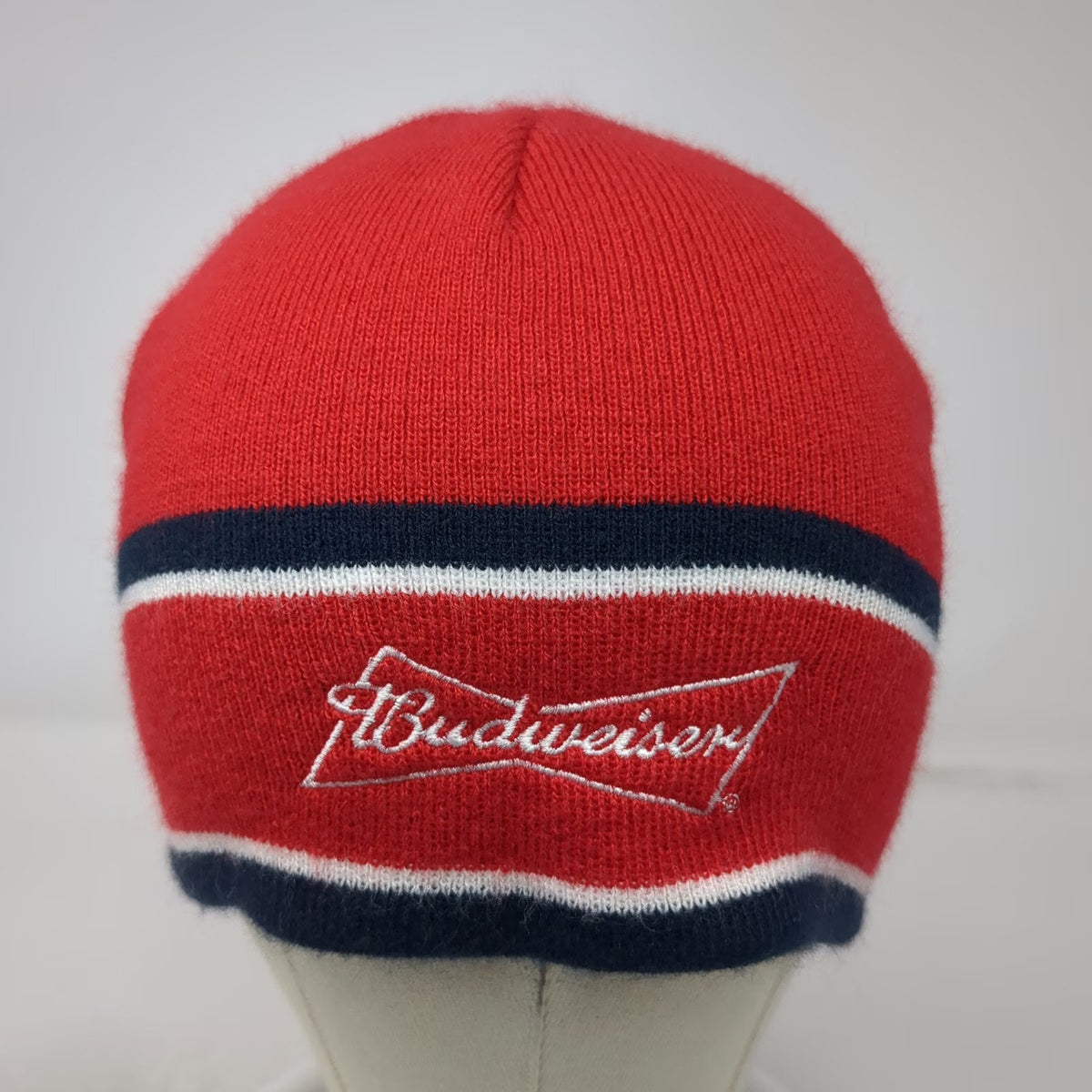 Budweiser Bowtie Logo Red One Size Beanie Hat Blue White Stripes Knit Beer