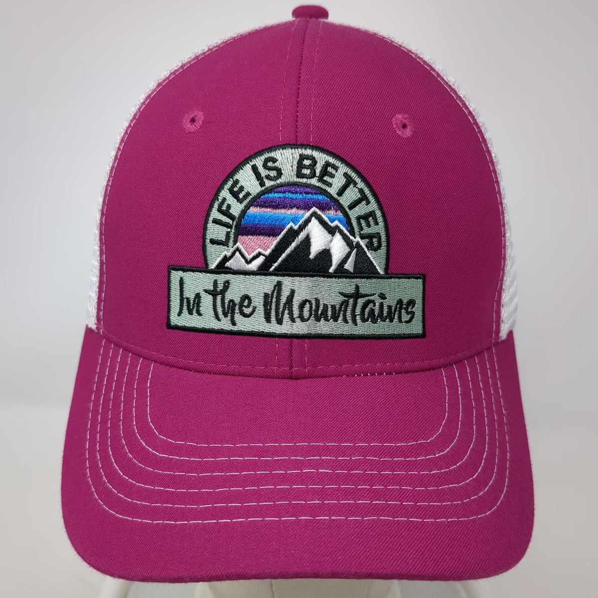 Arcadian Outfitters Pink Trucker Hat One Size Life Is Better Mountains Snapback