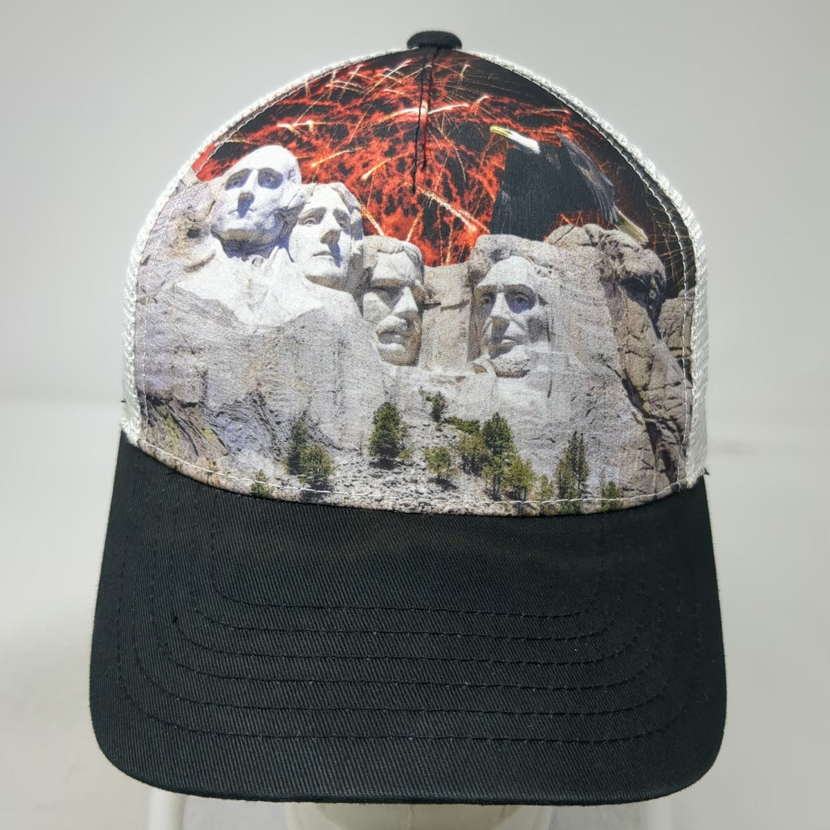 Captivating Headwear Trucker Hat Black White OSFM Mount Rushmore Eagle Patriotic
