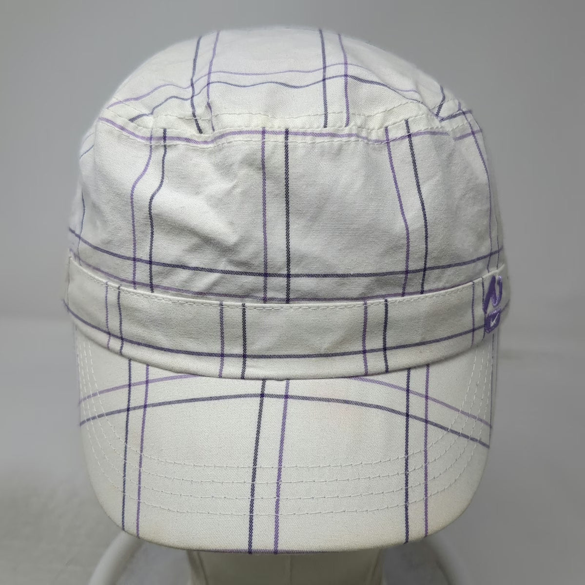 Nike Army Cap White Purple One Size Plaid Cotton Flat Top Elastic Back Hat