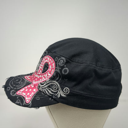Leader Logo Army Cap Black One Size Pink Ribbon Swirl Distressed Rhinestones Hat