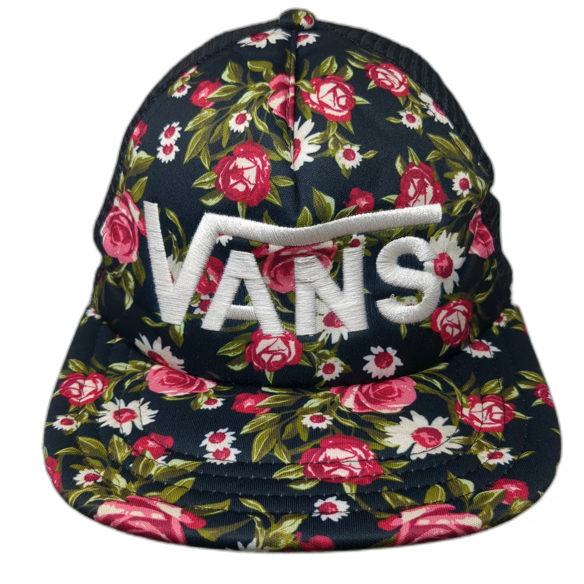 Vans Trucker Hat Black Floral Pink White One Size Mesh Snapback Flat Brim Logo