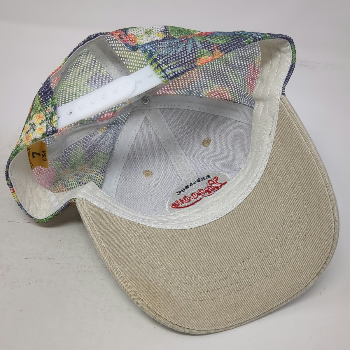Lucky 7 Trucker Hat Beige One Size Lagoon Utah Floral Mesh Snapback EST 1886