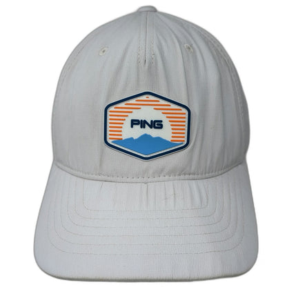 PING 5 Panel Hat White One Size Golf Sunset Mountain Patch Snapback Flexfit 110