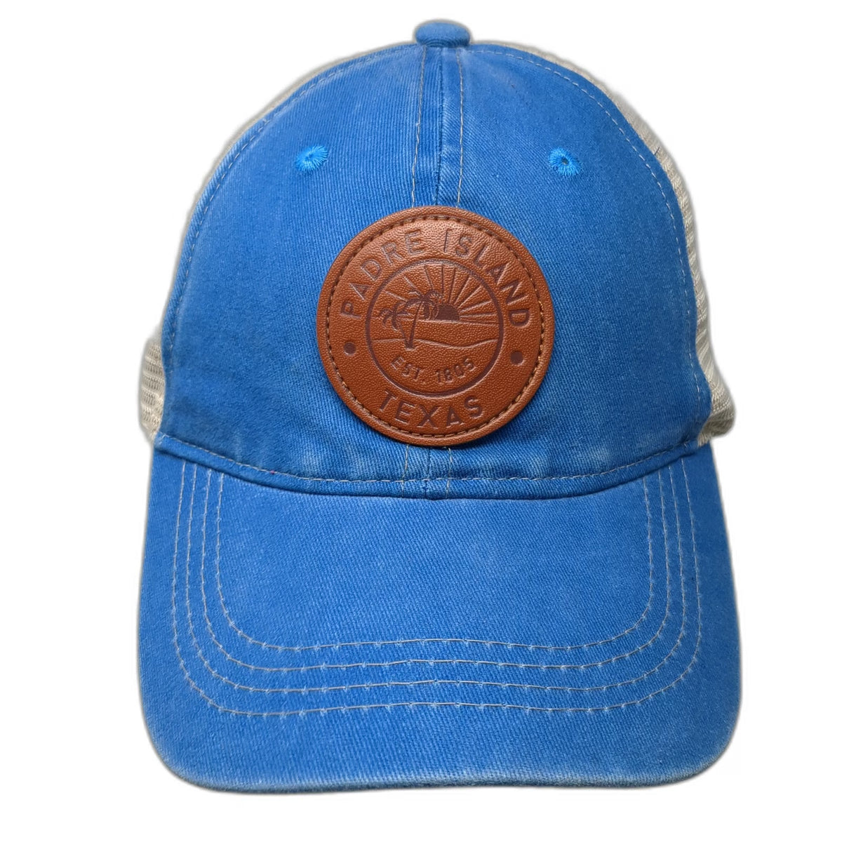 Blue One Size Trucker Hat Padre Island Texas Leather Patch Mesh Sun Snapback