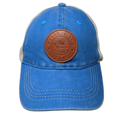Blue One Size Trucker Hat Padre Island Texas Leather Patch Mesh Sun Snapback