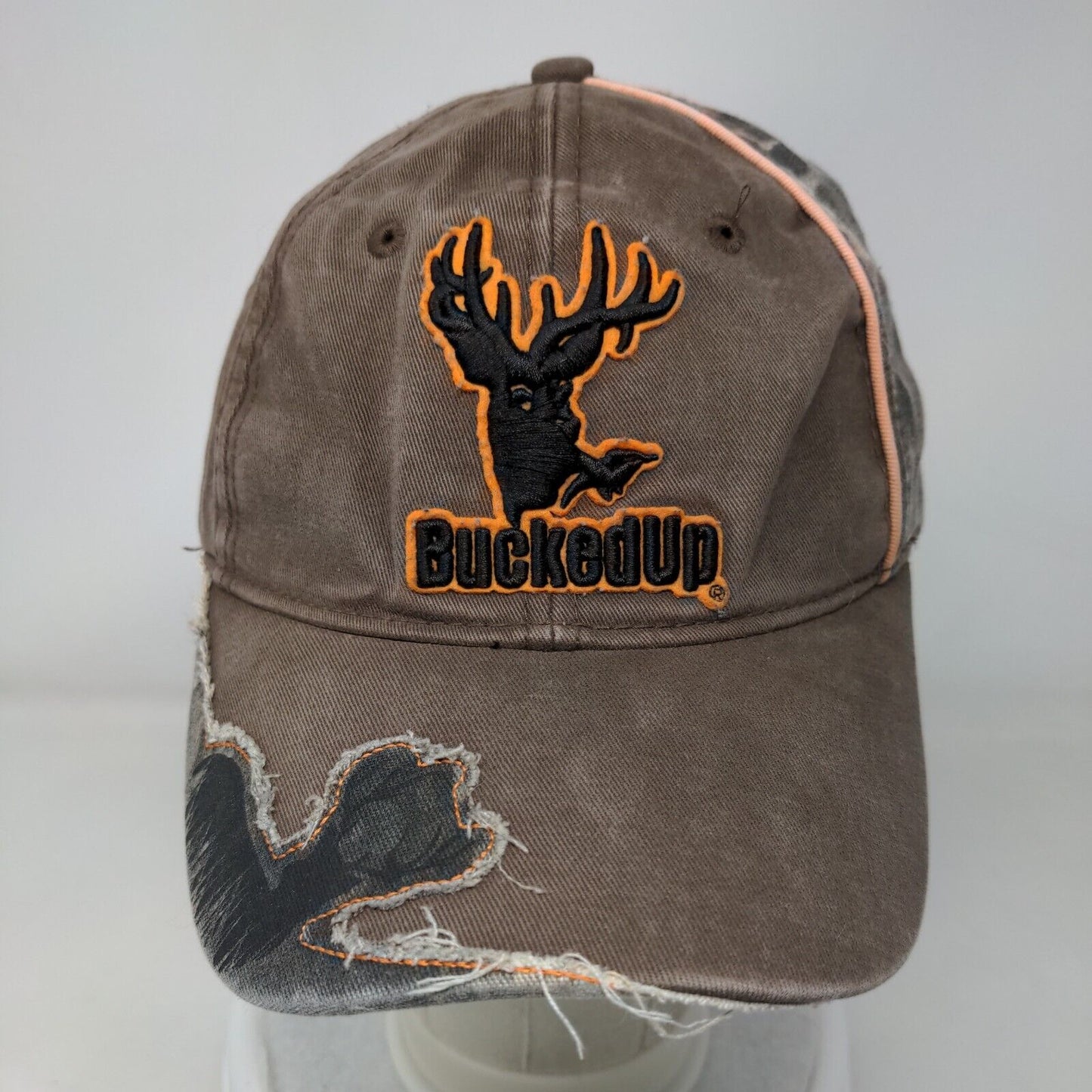 Bucked Up Strapback Hat Brown One Size Adjustable Embroidered Camouflage Cotton