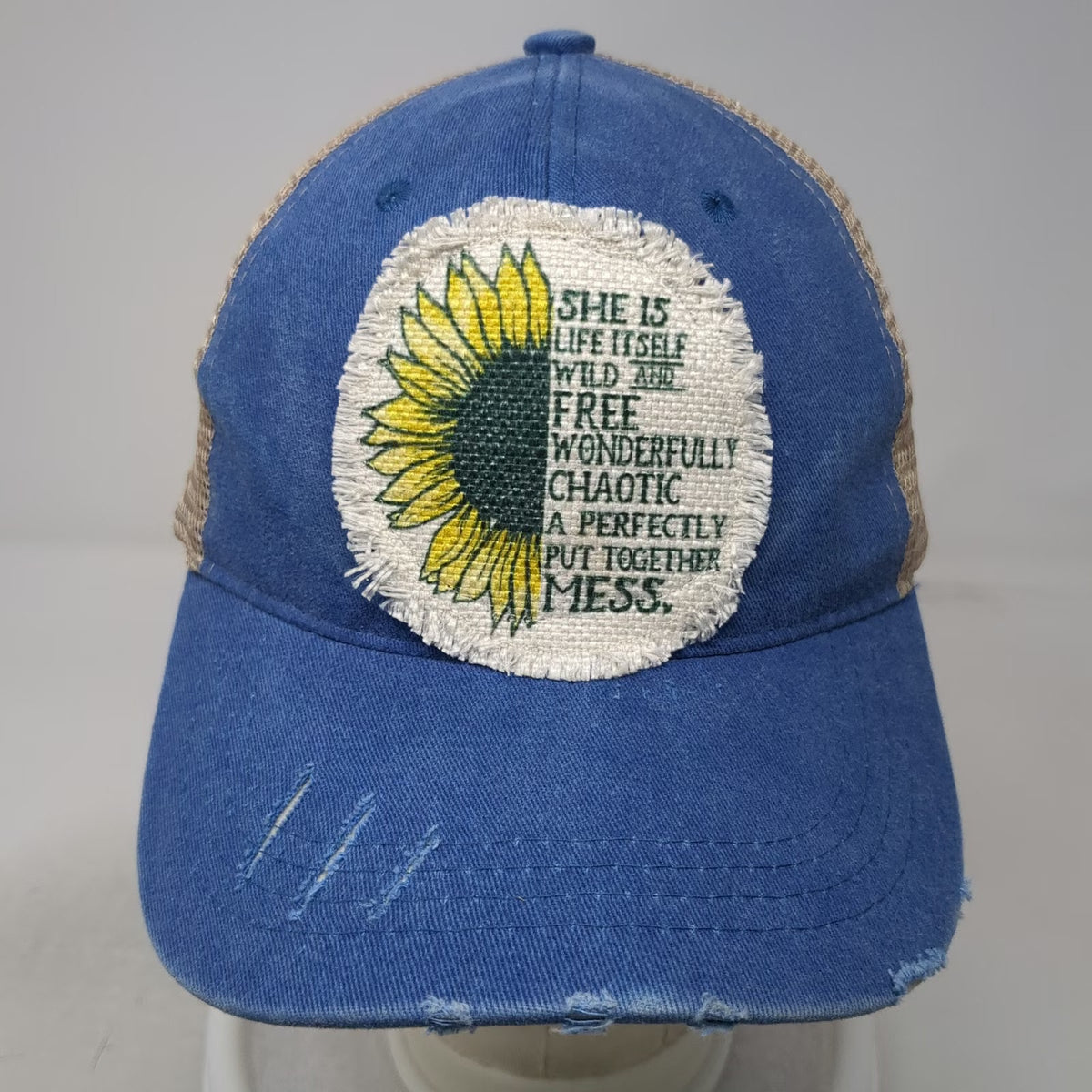 Blue One Size Trucker Hat Sunflower Patch Mesh Snapback Inspirational Quote Bill