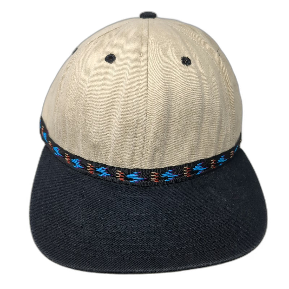 Baseball Cap Beige OS Aztec Woven Band Toggle Made USA Strapback Hat Vintage