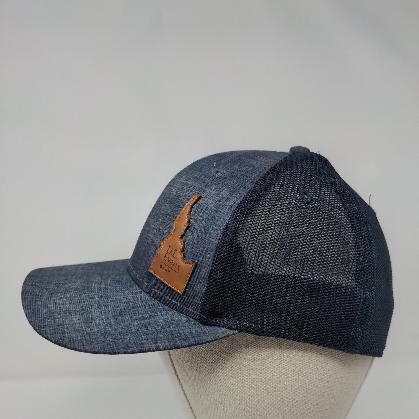 D.L. Evans Bank Idaho Patch Fitted Mesh Back Trucker Hat Blue S/M Legacy