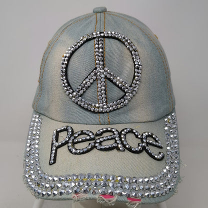 Baseball Cap Blue One Size Studded Rhinestone Peace Sign Denim Slideback Hat
