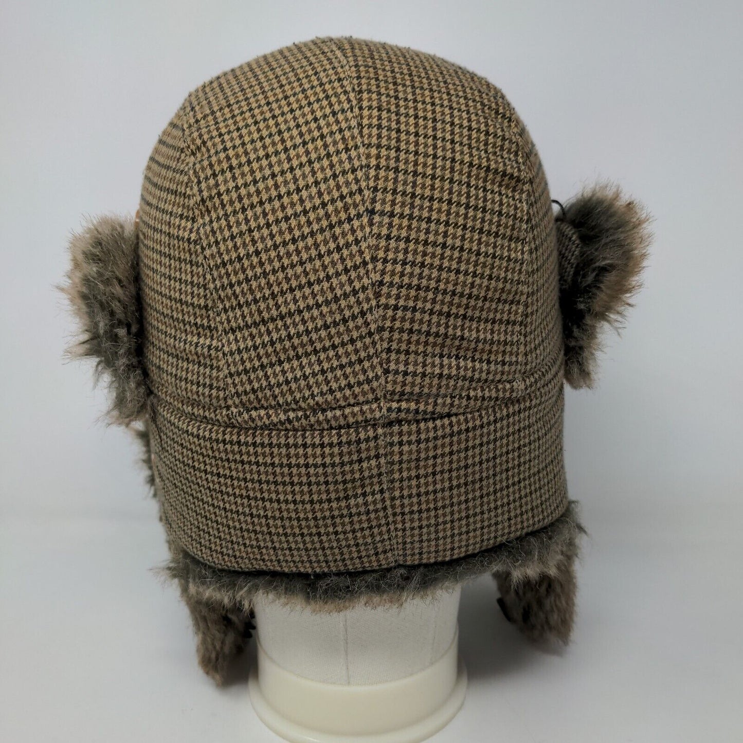 Unbranded Men's Trapper Hat Brown Check 57/M Vegan Fur Lining 100% Polyester