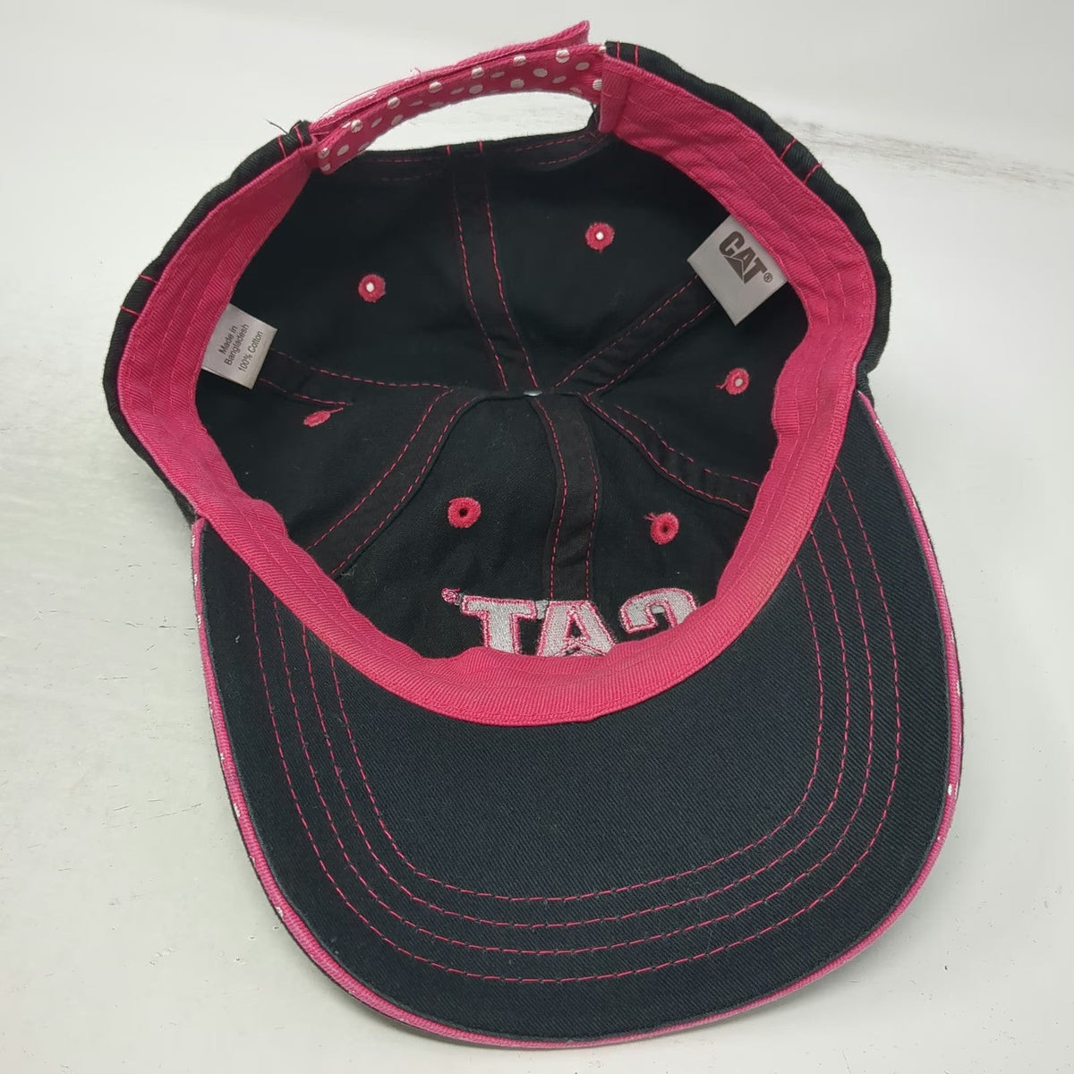 CAT Baseball Cap Black Pink OSFM Embroidered Logo Polka Dot Strap Stitching Hat