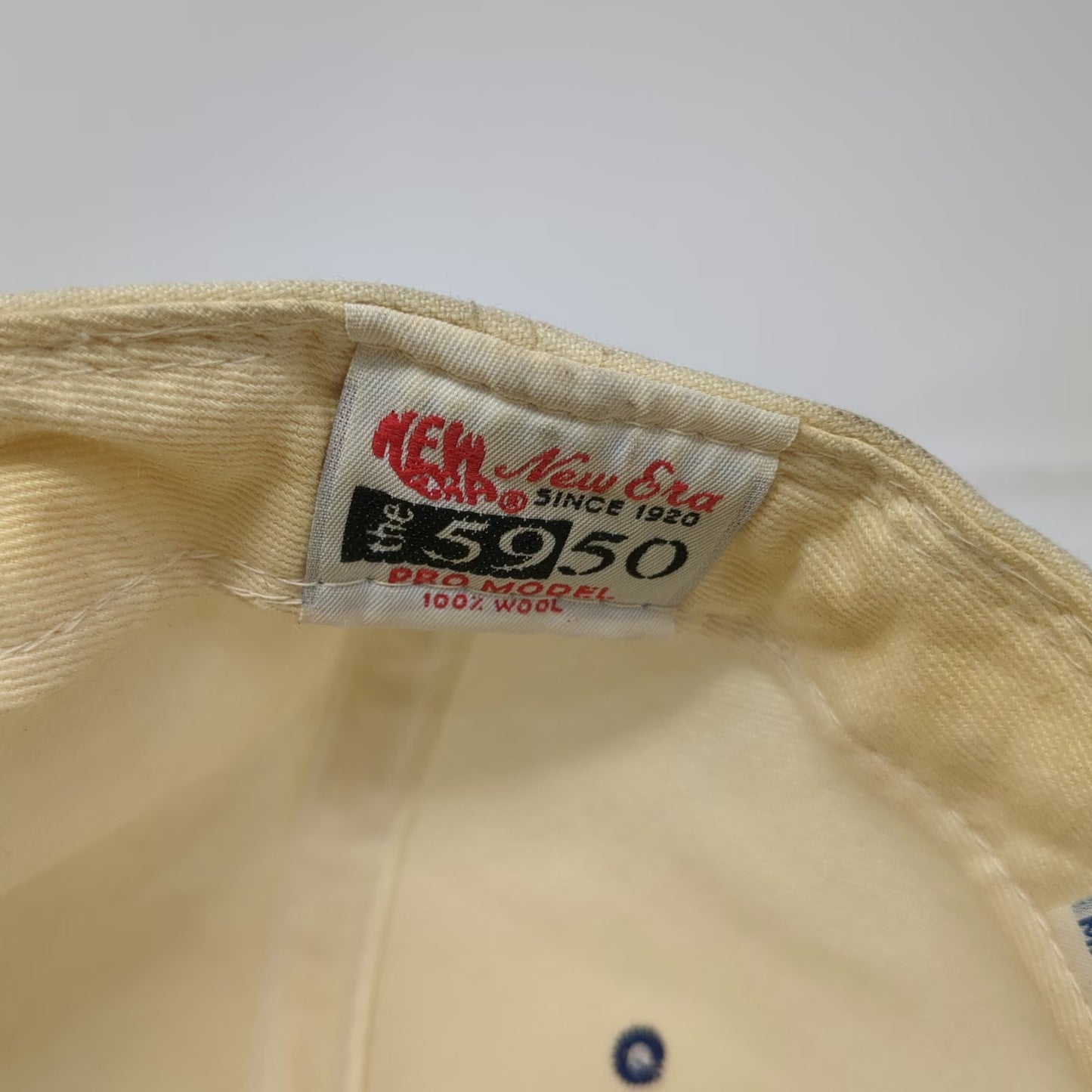 New Era Cap Beige Blue 7 5/8 Buffalo Bills 5950 Wool Made in USA Hat Vintage NFL