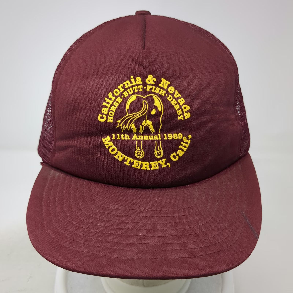 Mohr's Trucker Hat Red Yellow Horse Butt Fish Derby 1989 Monterey Mesh Vintage