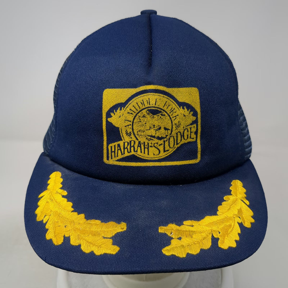 AHS Trucker Hat Blue Yellow 7 5/8 Snapback Harrah's Lodge Middle Fork Oak Leaves