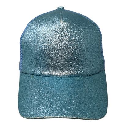 Glitter Ponytail Trucker Hat Blue One Size Adjustable Mesh Back Blank