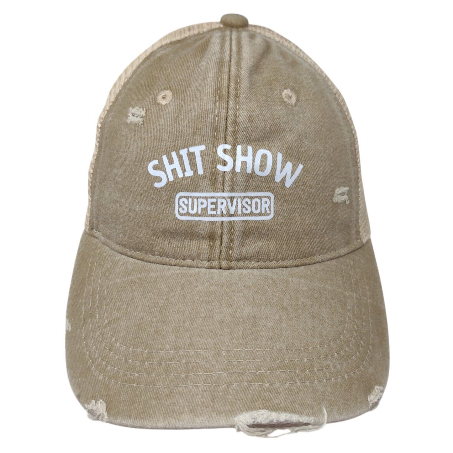 S**t Show Supervisor Snapback Trucker Hat Tan One Size Mesh Back Distressed