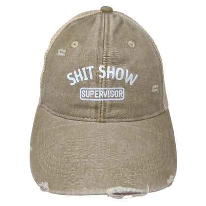 S**t Show Supervisor Snapback Trucker Hat Tan One Size Mesh Back Distressed