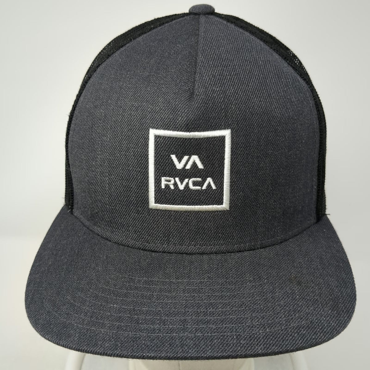 RVCA Trucker Hat Gray One Size Mesh Back Flat Brim Logo Graphic Snapback Square