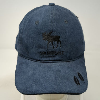 Blue Black Baseball Cap OSFM Moose Vermont Faux Suede Hoof Prints Slideback Hat