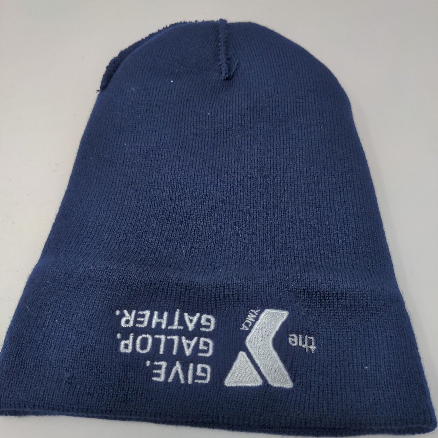 The YMCA Give Gallop Gather Knit Beanie Hat Blue One Size Embroidered