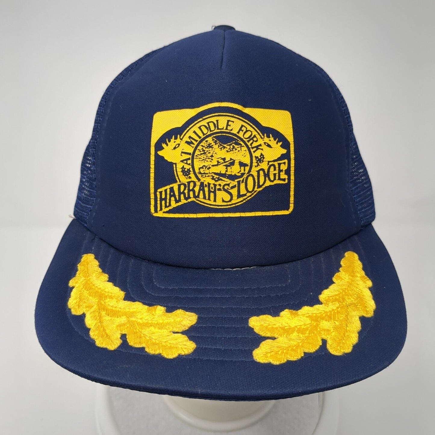 At Middle Fork Harrah's Lodge Snapback Trucker Hat Blue Large Mesh Back CH