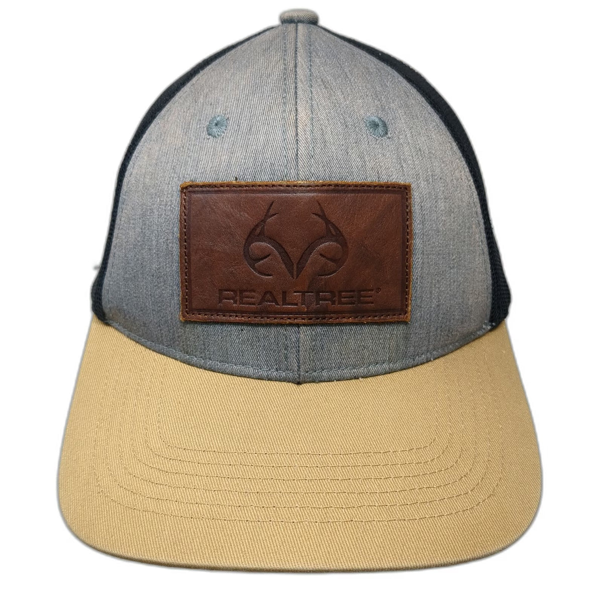 Realtree Trucker Hat Gray Beige Black One Size Mesh Back Leather Patch Snapback