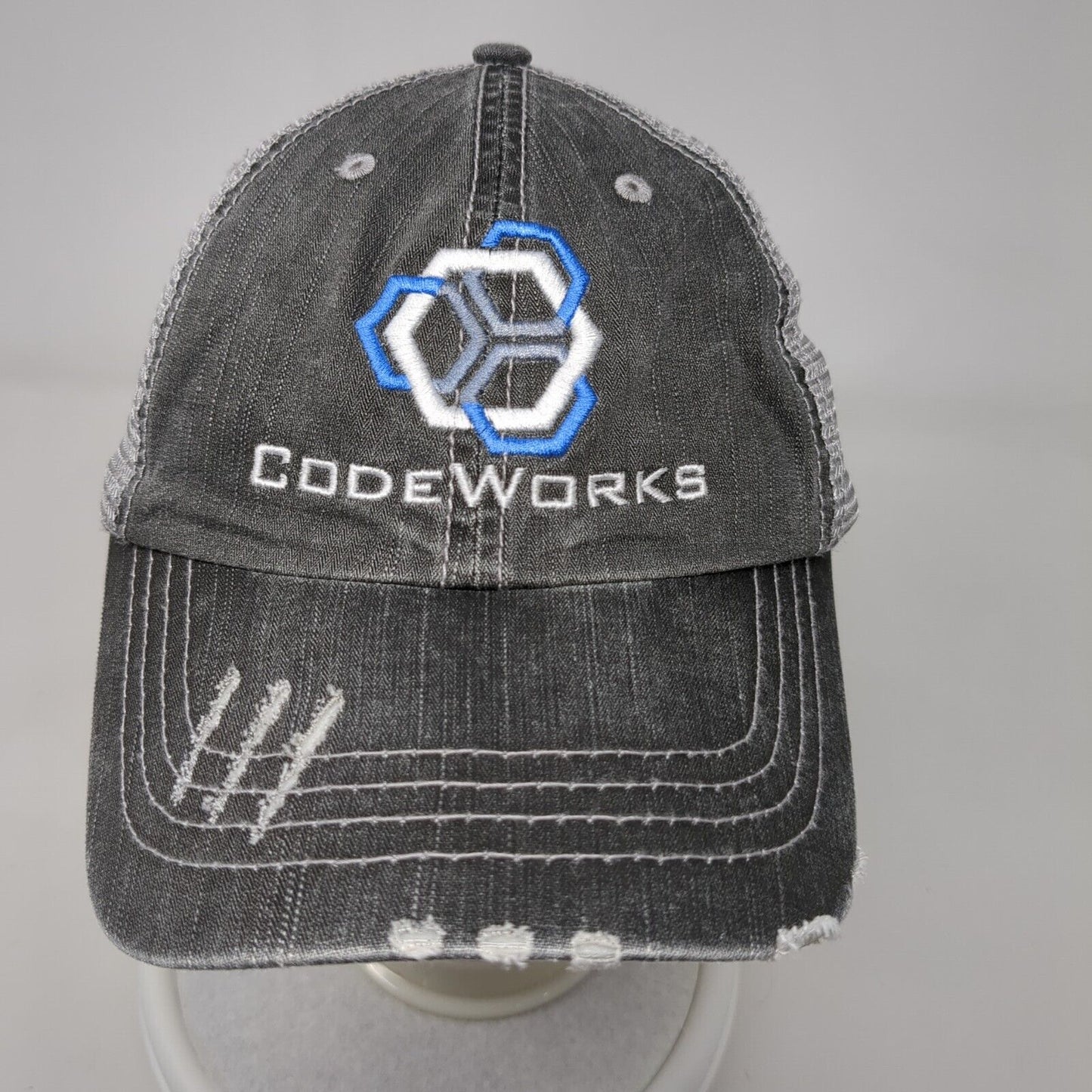 Codeworks Strapback Trucker Hat Gray One Size Adjustable Mesh Back Distressed