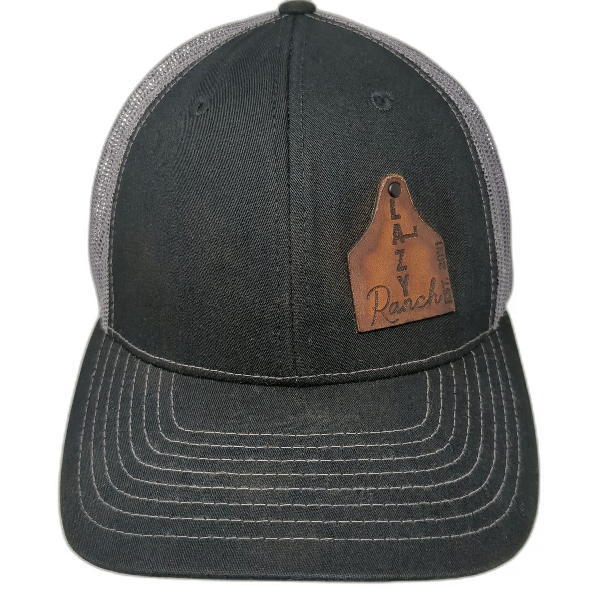 Richardson Trucker Hat Black OSFM Leather Patch Lazy Ranch Gray Mesh Snapback
