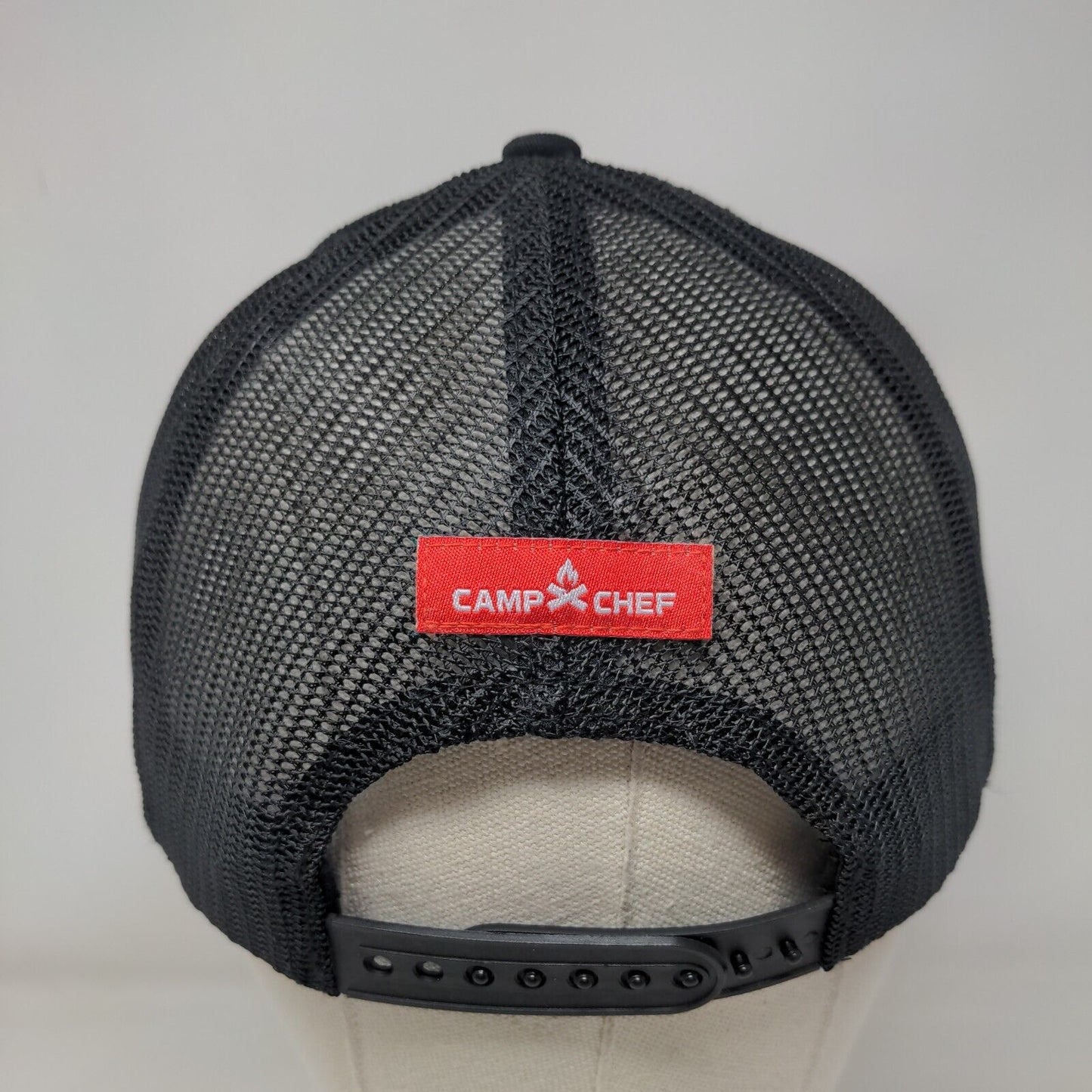 Camp Chef Leather Patch Snapback Trucker Hat Black OSFA Mesh Back