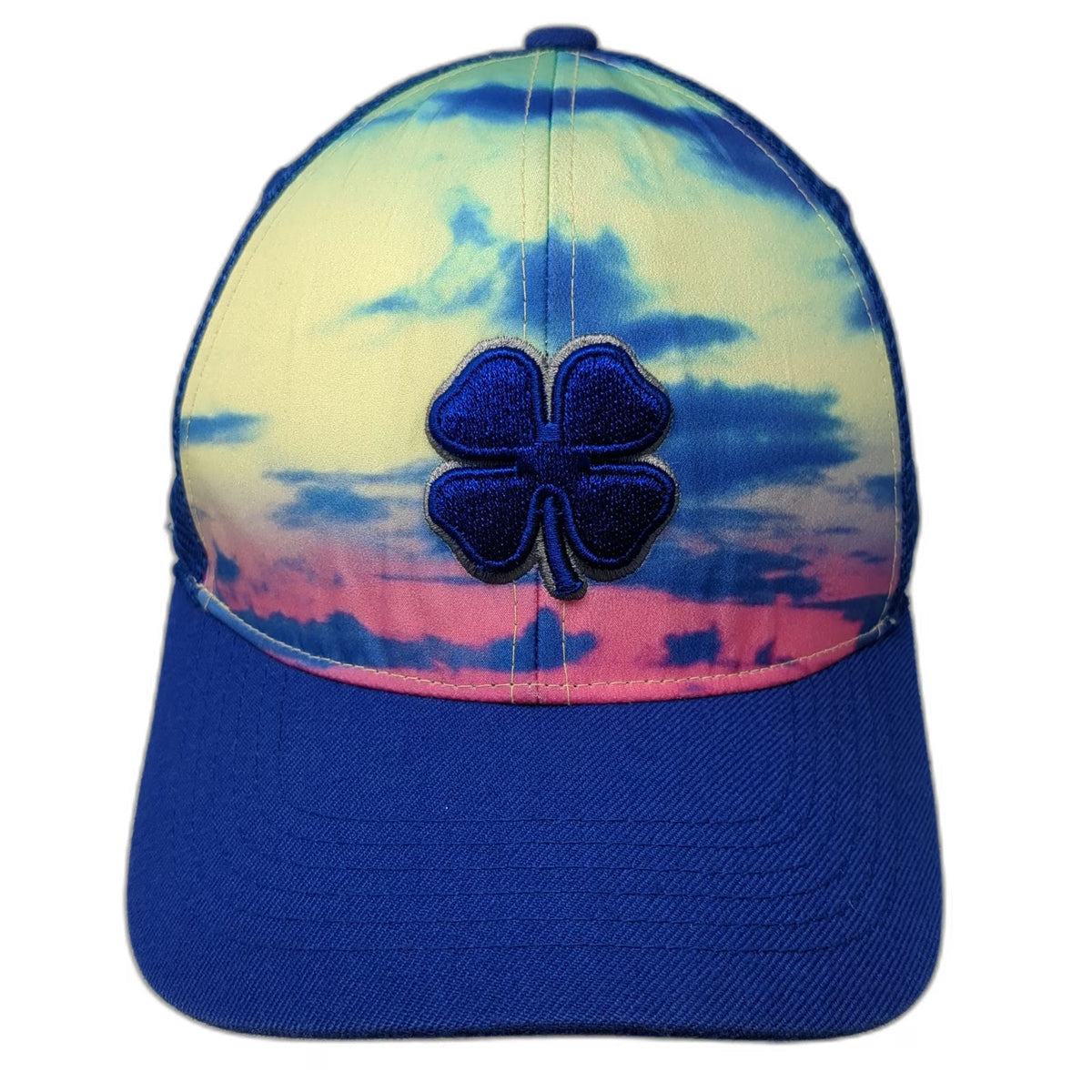 Black Clover Trucker Hat Blue One Size Live Lucky Tie Dye Sky Print Clover Mesh
