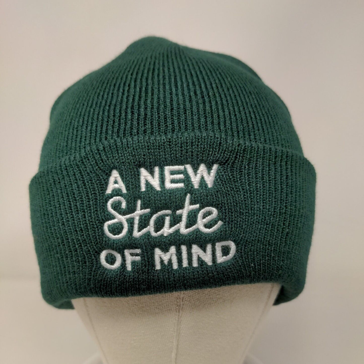 A New State of Mind Beanie Hat Green One Size Knitted Stretch Embroidered