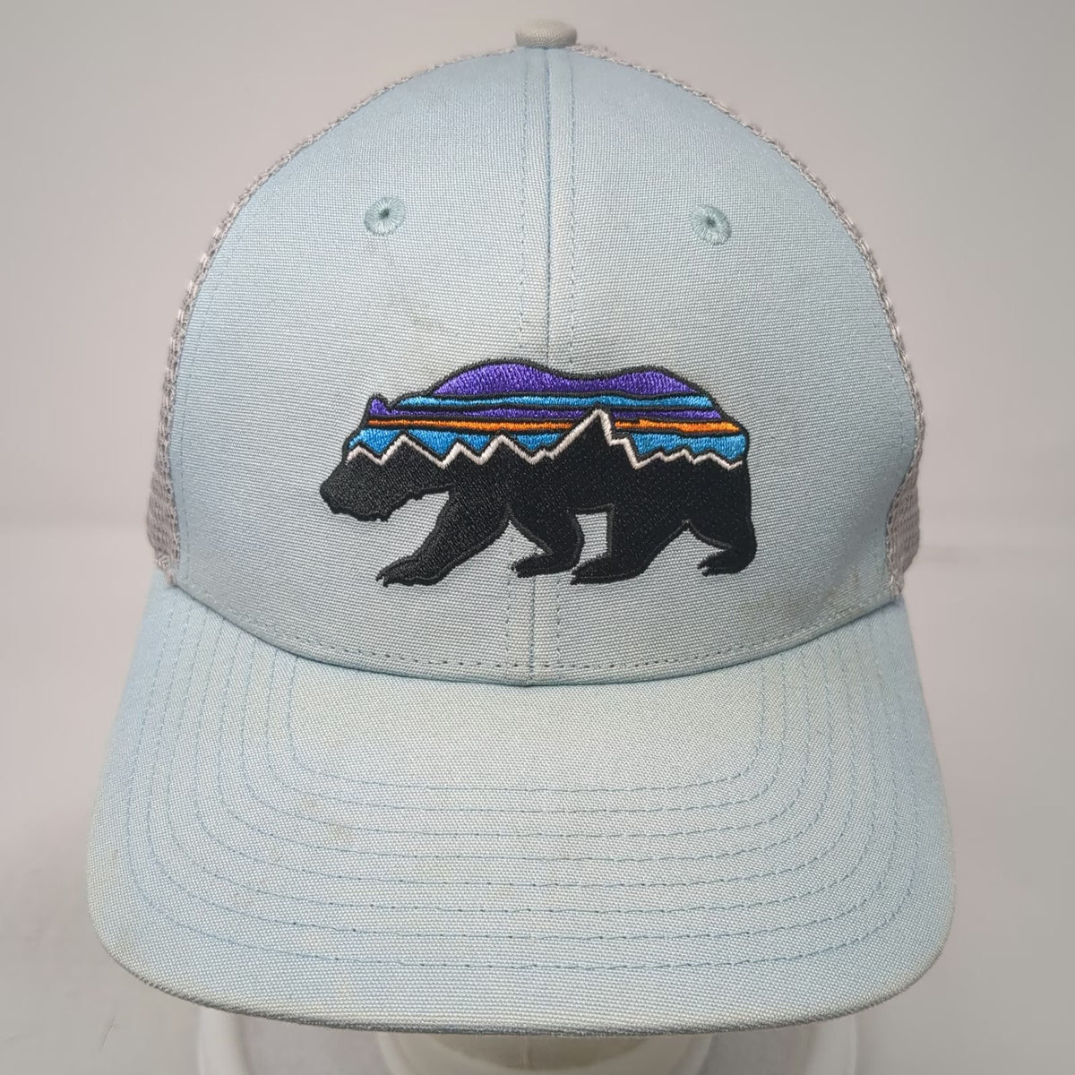 Patagonia Trucker Hat Blue One Size Bear Fitz Roy Logo Mesh Snapback Hiking Gray