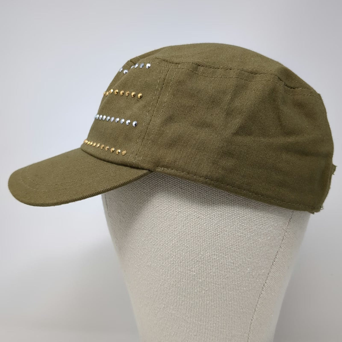 Pugs Army Cap Green One Size Studded Rhinestones Strapback Adjustable Cotton Hat