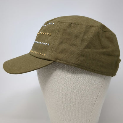 Pugs Army Cap Green One Size Studded Rhinestones Strapback Adjustable Cotton Hat