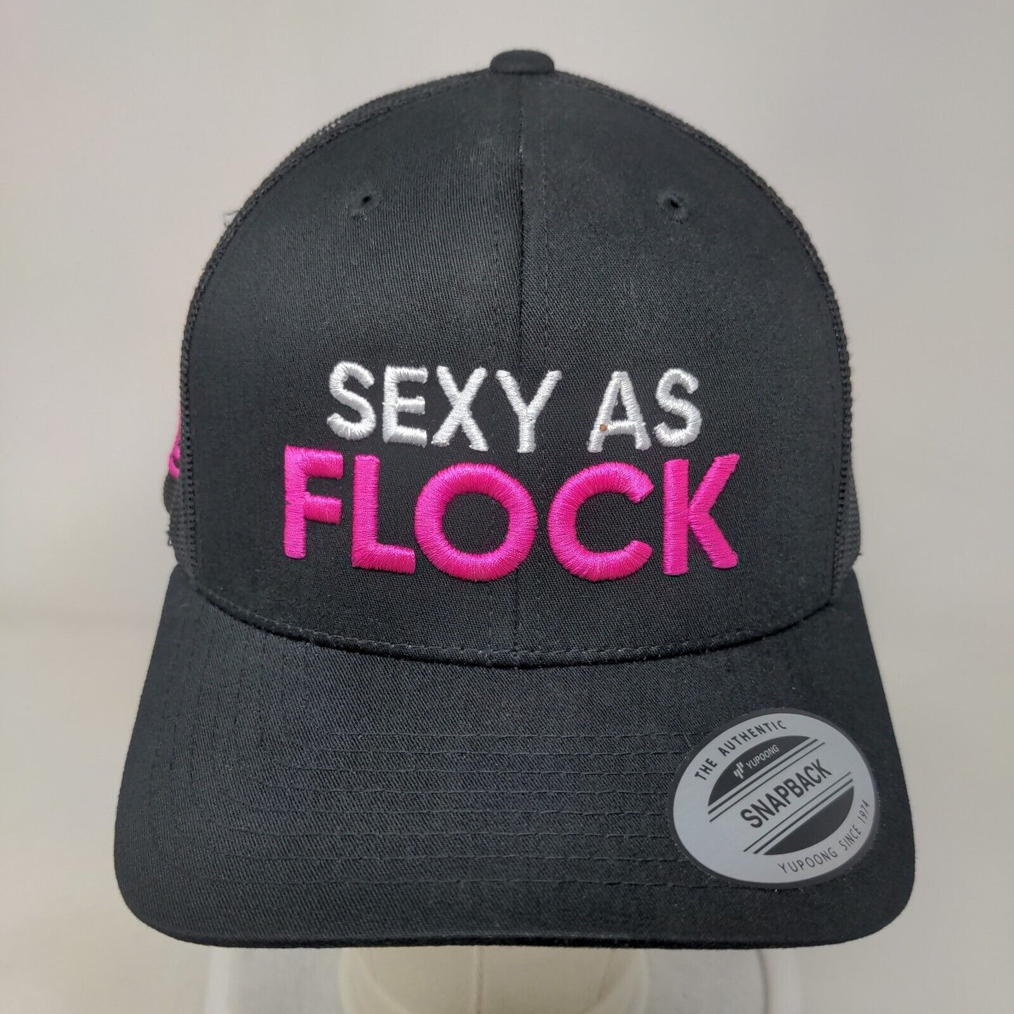 Sexy As Flock Snapback Trucker Hat Black One Size Adjustable Mesh Back Yupoong