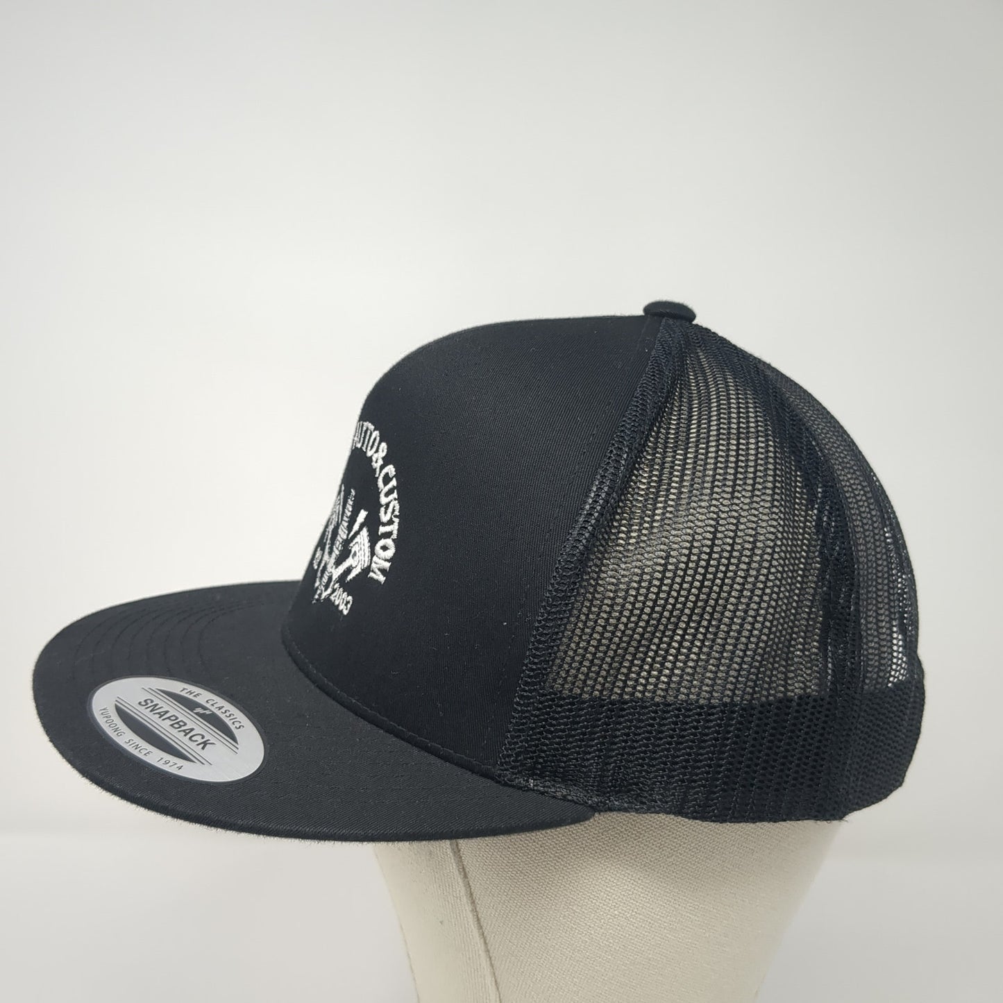 Holmes Auto & Custom Est 2003 Snapback Trucker Hat Black OS Mesh Back Yupoong