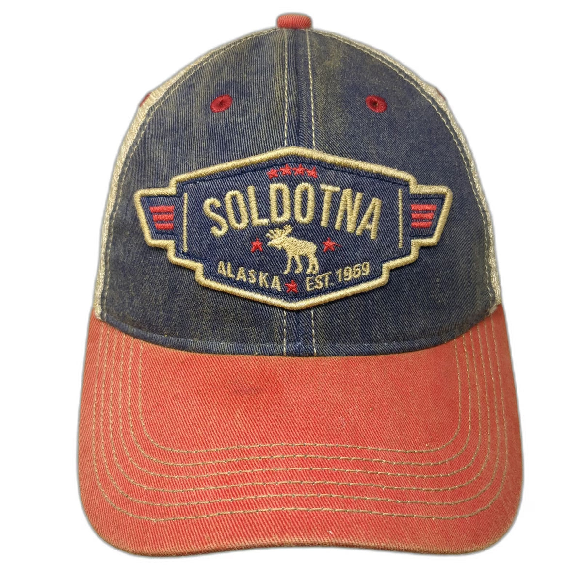 Legacy Trucker Hat Blue Orange Beige One Size Soldotna Alaska Moose Snapback