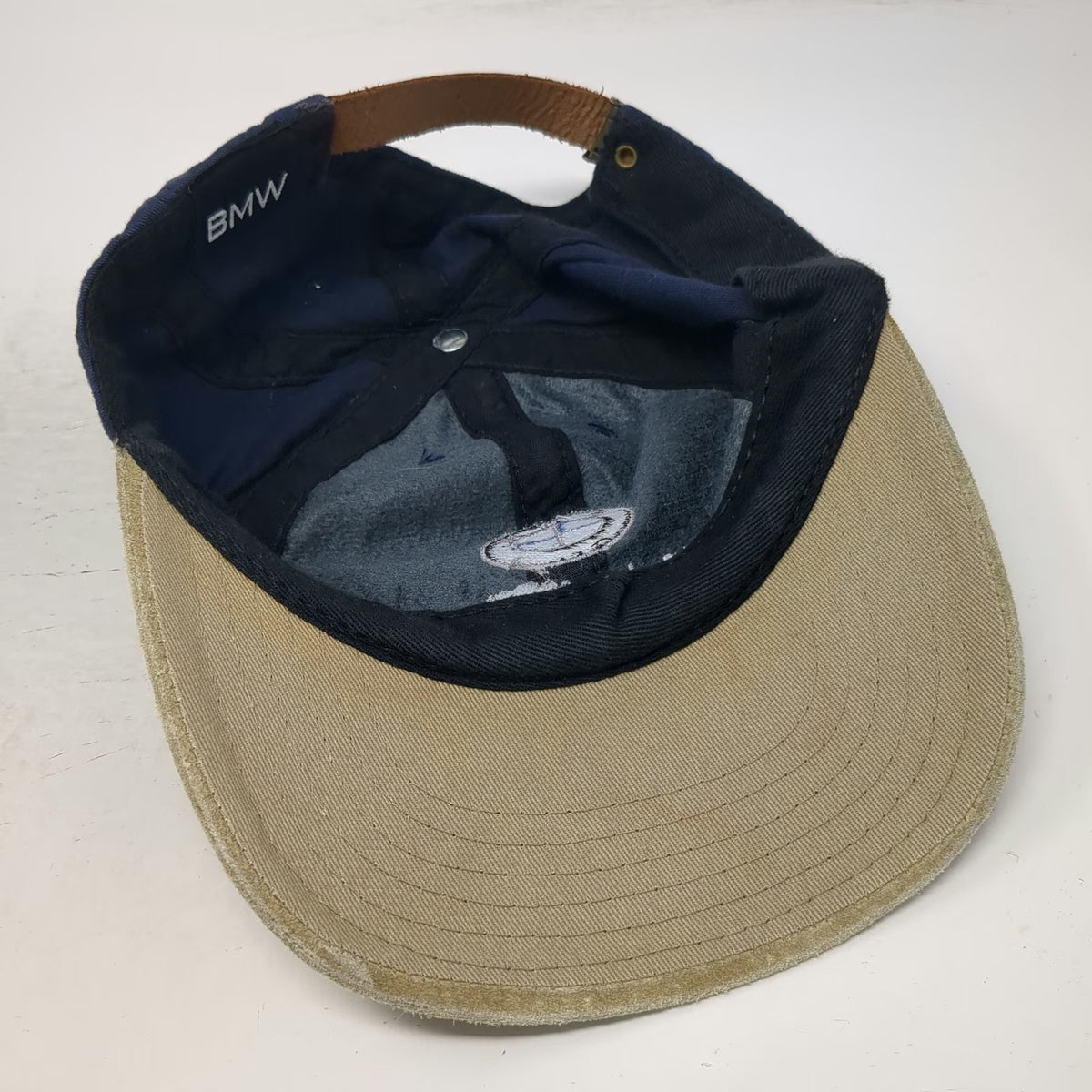 BMW Baseball Cap Blue One Size Leather Strap Suede Brim Motorcycles Logo hat